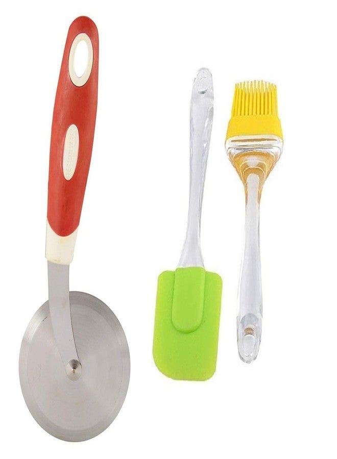 Elexiq Stainless Steel Wheel Pizza Sandwich,Slicer Cutter with Non-Sticky Spatula and Oil Brush Reusable Kitchen Set for Cooking(1 Set Multi Colors) - Image 1